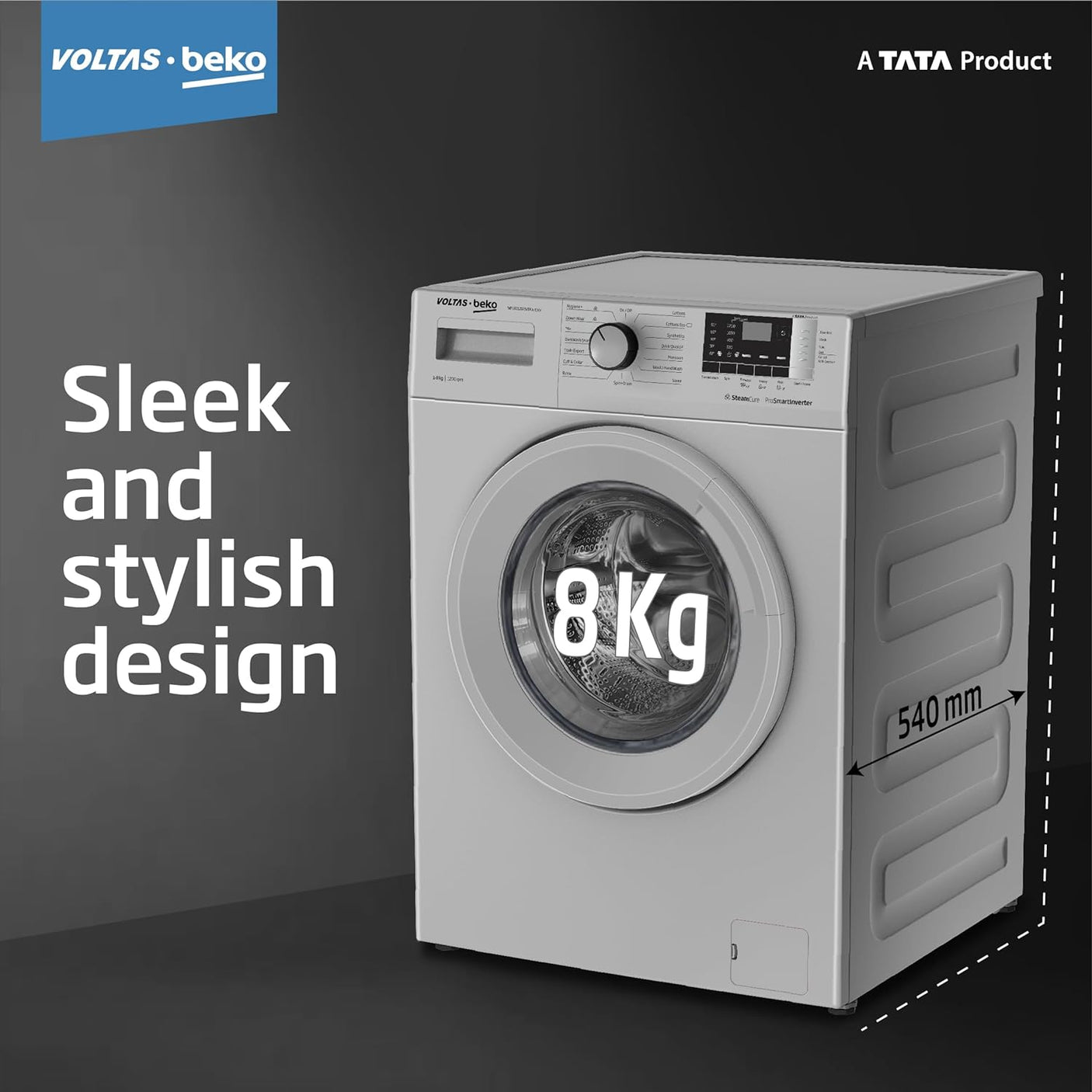 Voltas Beko, A Tata Product 8 Kg 5 Star Inverter Quick wash Fully-Automatic Front Loading Washing Machine (2023 Model, WFL8012B7JVBKA/GXV, Grey, In buit Heater/Hygiene steam)