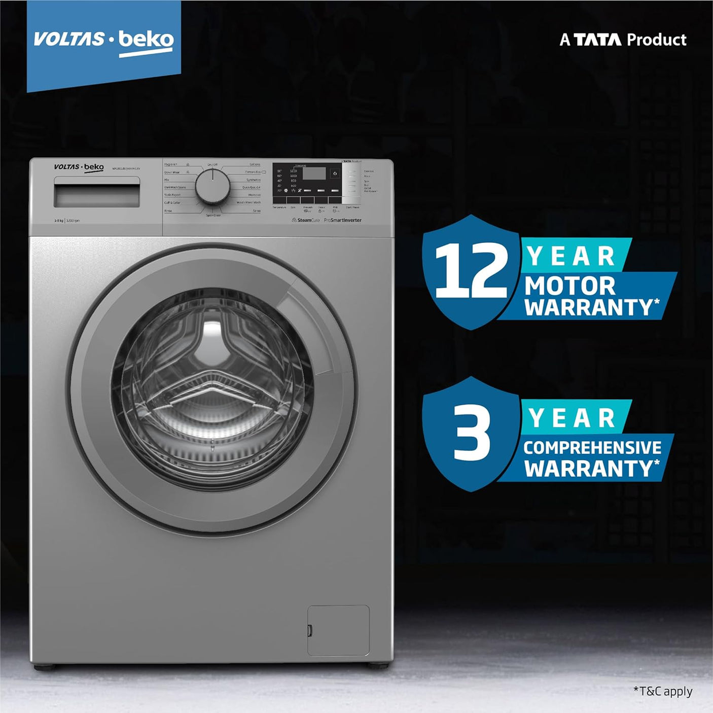 Voltas Beko, A Tata Product 8 Kg 5 Star Inverter Quick wash Fully-Automatic Front Loading Washing Machine (2023 Model, WFL8012B7JVBKA/GXV, Grey, In buit Heater/Hygiene steam)