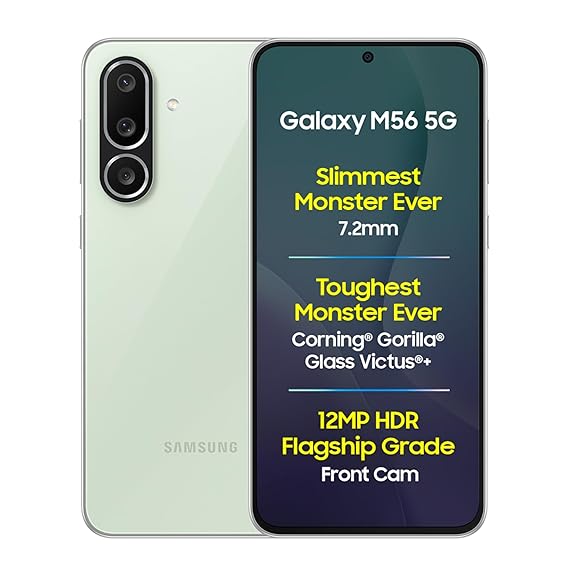 Samsung Galaxy M56 5G (Light Green, 8GB RAM, 128GB Storage) | Segment’s Slimmest | 50MP Camera | Gorilla Glass Victus+ | 10-Bit HDR Video | AI Features | Vapour Cooling | Without Charger