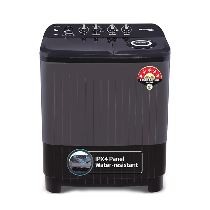 Voltas Beko 9 Kg 5-Star Semi-Automatic Twin Tub Top Load Washing Machine | Special Pulsator Wash (WTT90UDX, Black)