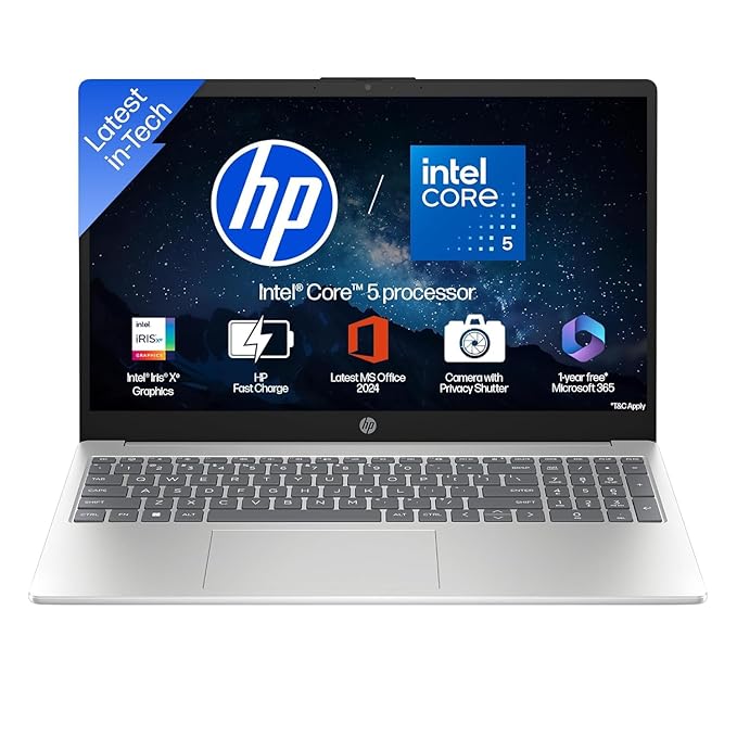 HP 15 fd0682TU Laptop (Intel Core 5 120U, 16GB RAM, 512GB SSD, 15.6” FHD Display, Windows 11 | MS Office 2024, Silver)