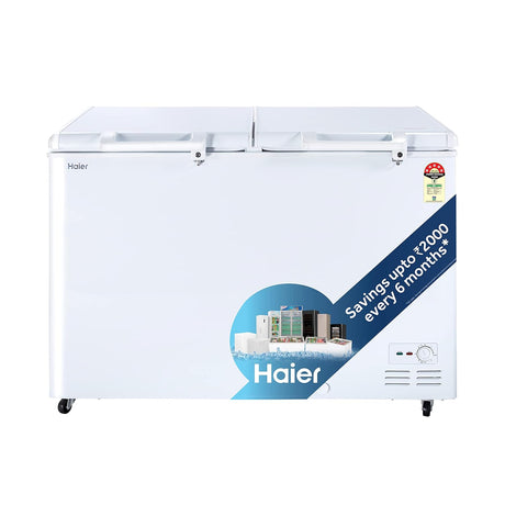 Haier 383L 5 Star Double Door Deep Freezer - White, efficient and spacious.
