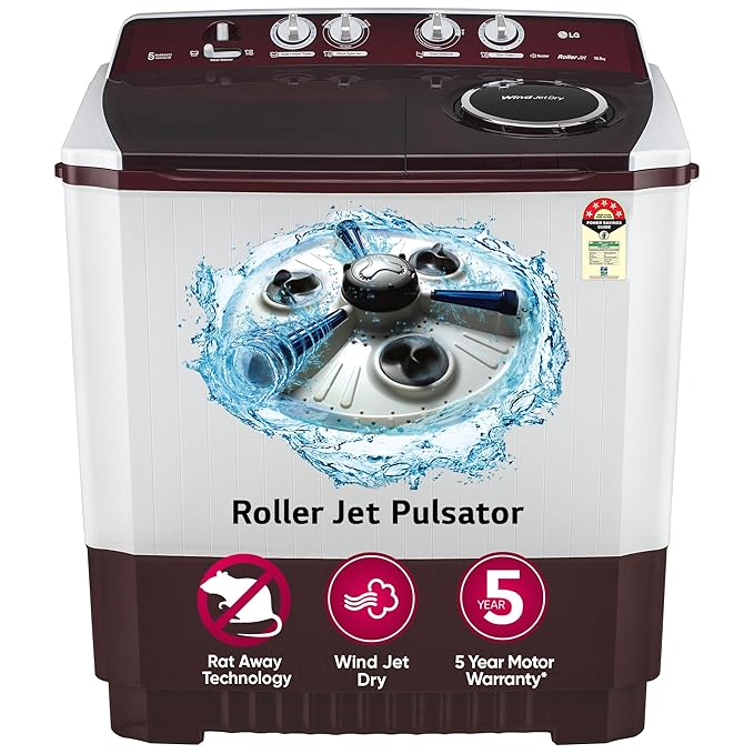 LG 10.5 kg 5 Star Wind jet dry Semi-Automatic Top Load Washing Machine (P105ASRAZ, Burgundy, Roller Jet Pulsator)