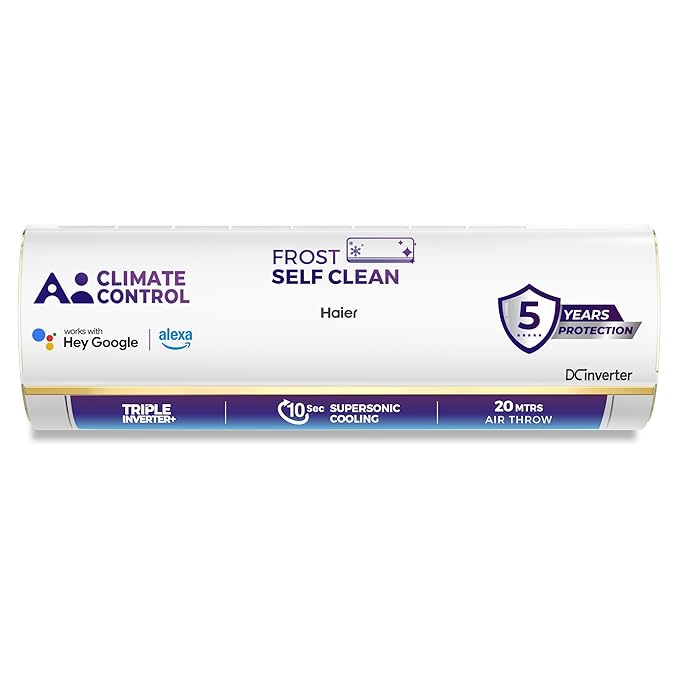 Haier 1.5 Ton 4 Star AI Climate Control Smart Split AC | Wi-Fi | Triple Inverter | 4-Way Swing | Frost Self Clean | HD Filter | Cools at 60°C | Model HSU18K-PYAIR4BN-INV