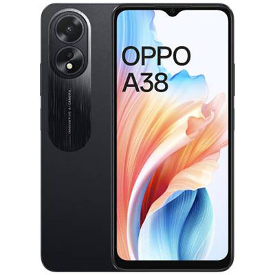 OPPO A38 - Glowing Black, 4GB RAM, 128GB storage, a sleek and stylish mobile phone.