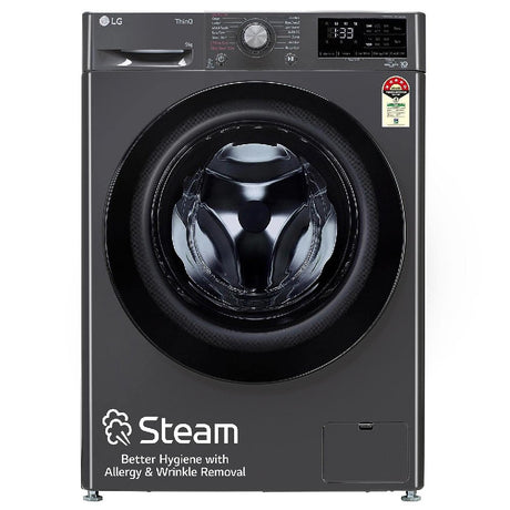 LG 9kg 5-Star Front Load Washer - Stylish home appliance in Middle Black.
