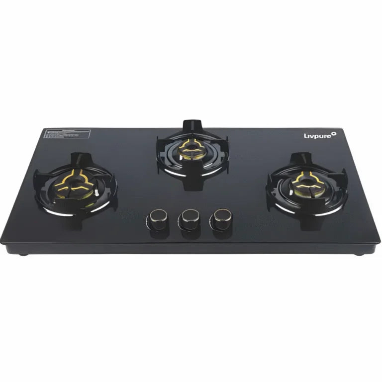 Livpure Celestia Plus 3B AI 3-Burner Gas Cooktop: Toughened Glass, Auto Flame Failure Device