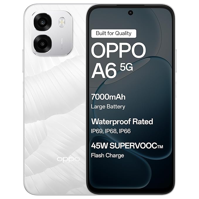 Oppo A6 5G (Ice White, 6GB RAM, 256GB Storage) – Dimensity 6300, 120Hz Display & 7000mAh Battery