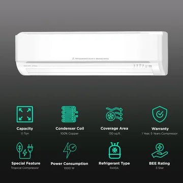 Mitsubishi 1.1 Ton 3 Star Split Hi-Wall Air Conditioner (SRK13CRS-S6, Copper Condenser, White)