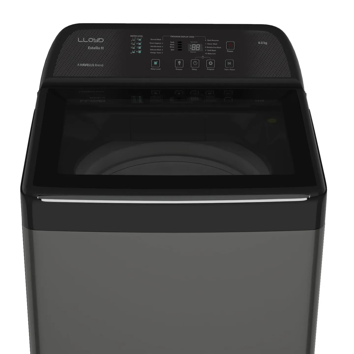 Lloyd 8 Kg 5 Star Fully Automatic Top Load Washing Machine with Soft Close Glass Lid (GLWT805EHPMB, Middle Black)