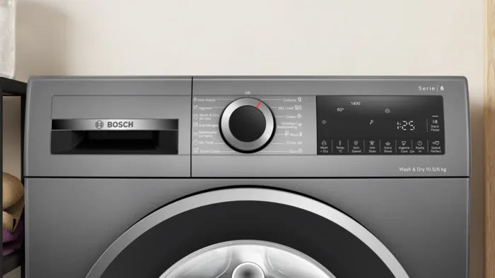 Bosch 10.5/6 KG Inverter Fully Automatic Front Load Washer Dryer (2025 Model, WNA2E4UCIN, 1400 RPM, 14 Wash Programs, LED touch display, Wash & Dry in 60 Mins, Cast Iron Grey)