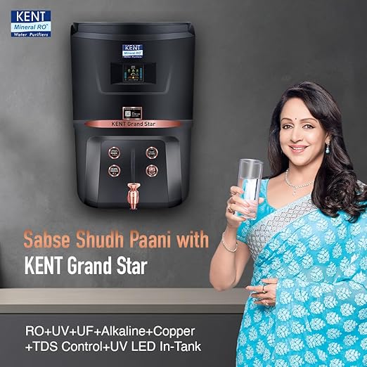 KENT Grand Star RO Water Purifier (Black) | RO+UV+UF+TDS Control+Alkaline+Copper | 9L Tank | 20 LPH | UV in Tank | Auto Flush | For All Water Sources