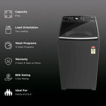 Whirlpool 8 kg Top Load Washing Machine | 31692 | 5 Star Energy Rating, Stainwash Pro, Grey