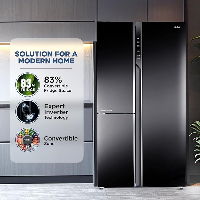 Haier 598 L, 3 Star, 83% Convertible Fridge Space, Expert Inverter, Frost Free Side by Side Refrigerator, (HRT-683KG, Black Glass)