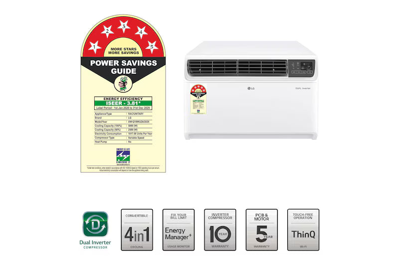 LG 1.5 Ton 5 Star Dual Inverter Window AC | Convertible 4-in-1 Cooling | 5.0 kW | 100% Copper | HD Filter with Anti-Virus Protection | 2026 Model |AW-Q18WUZA