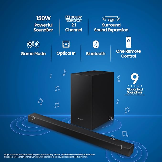 Samsung 150W Dolby Digital 2.1 Channel Bluetooth Soundbar HW-T42E/XL (Black) with Powerful Bass | Cinematic Home Audio Experience