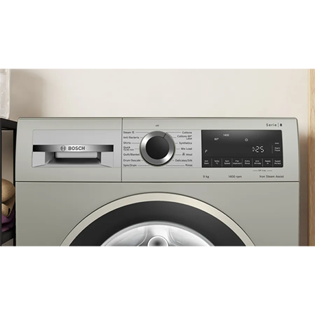 Elevate your washing routine with Bosch 9 kg Front Load Washing Machine in sleek silver.