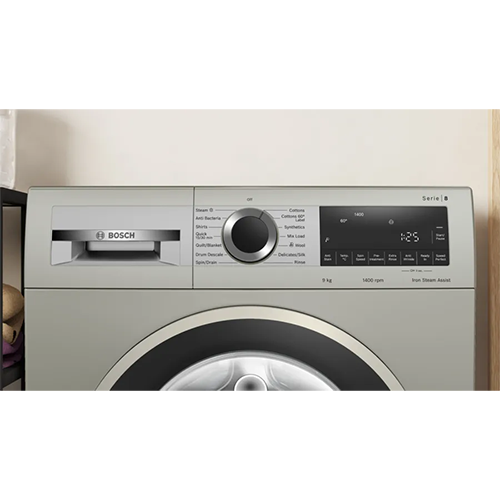 Elevate your washing routine with Bosch 9 kg Front Load Washing Machine in sleek silver.