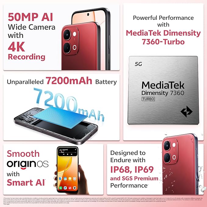 Vivo Y51 Pro 5G (Festive Red, 8GB RAM, 256GB Storage) – Dimensity 7360 Turbo, 7200mAh Battery & 120Hz Display