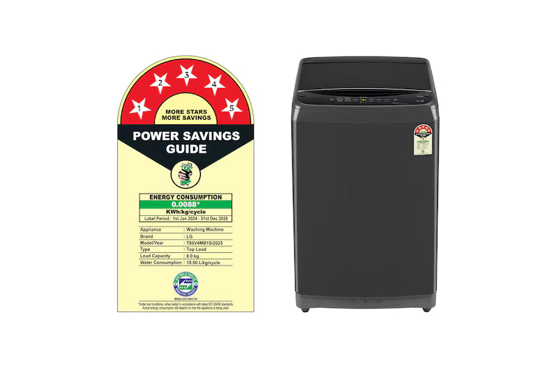 LG 8Kg Top Load Washing Machine, Smart Inverter Motor, In-built Heater, Middle Black, 5 Star