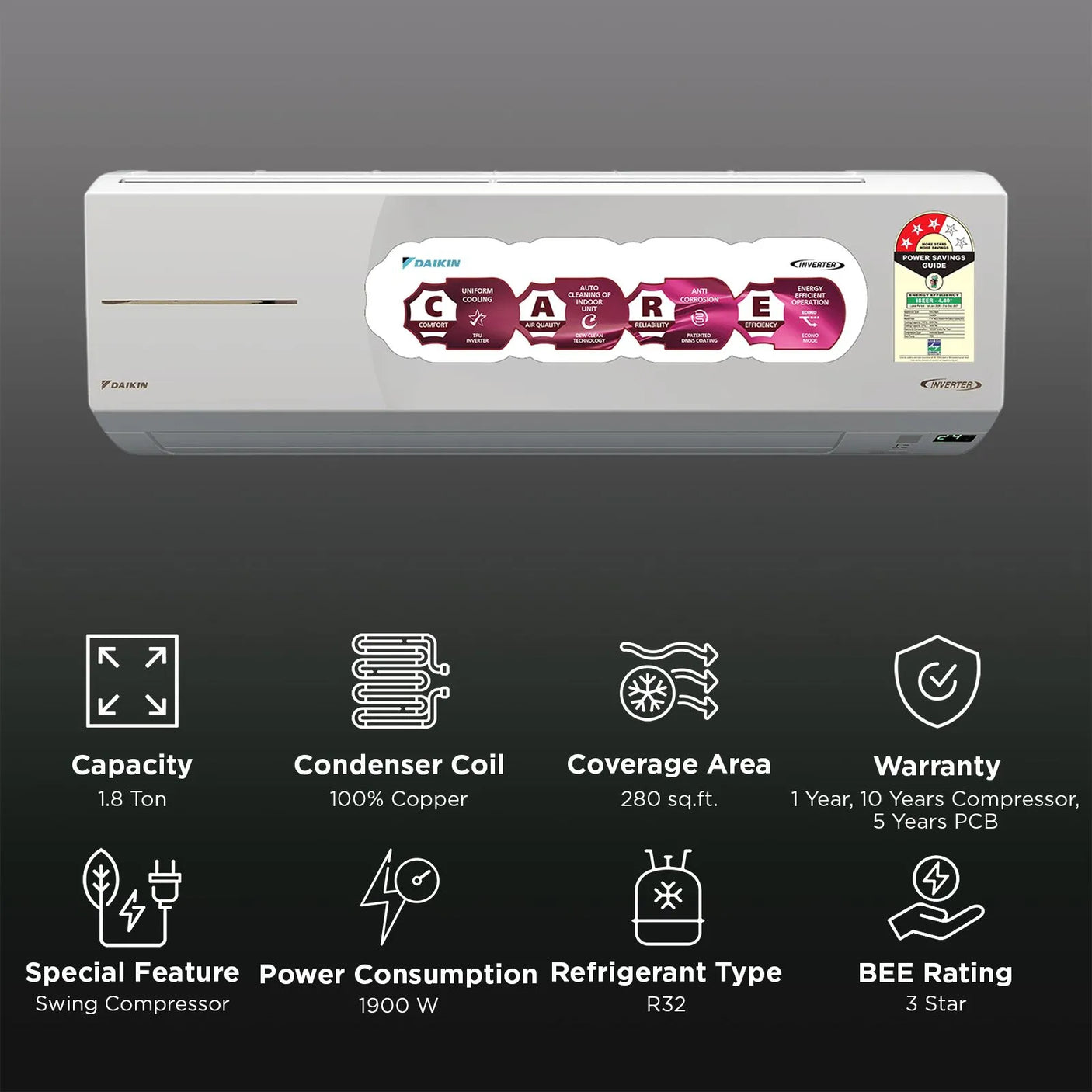 Daikin FTHT60XV16UAA 1.8 Ton 3 Star Hot & Cold Inverter Split AC with Copper Condenser & PM 1.0 Filter – All Season AC