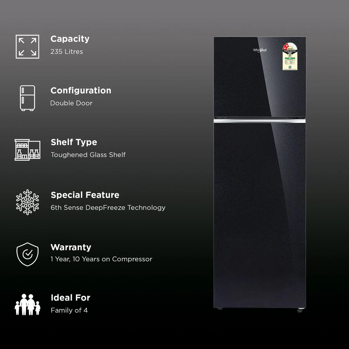 Whirlpool NeoFresh 235 L Frost Free Double Door Refrigerator 2 Star with 6th Sense Tech (22328, Black)