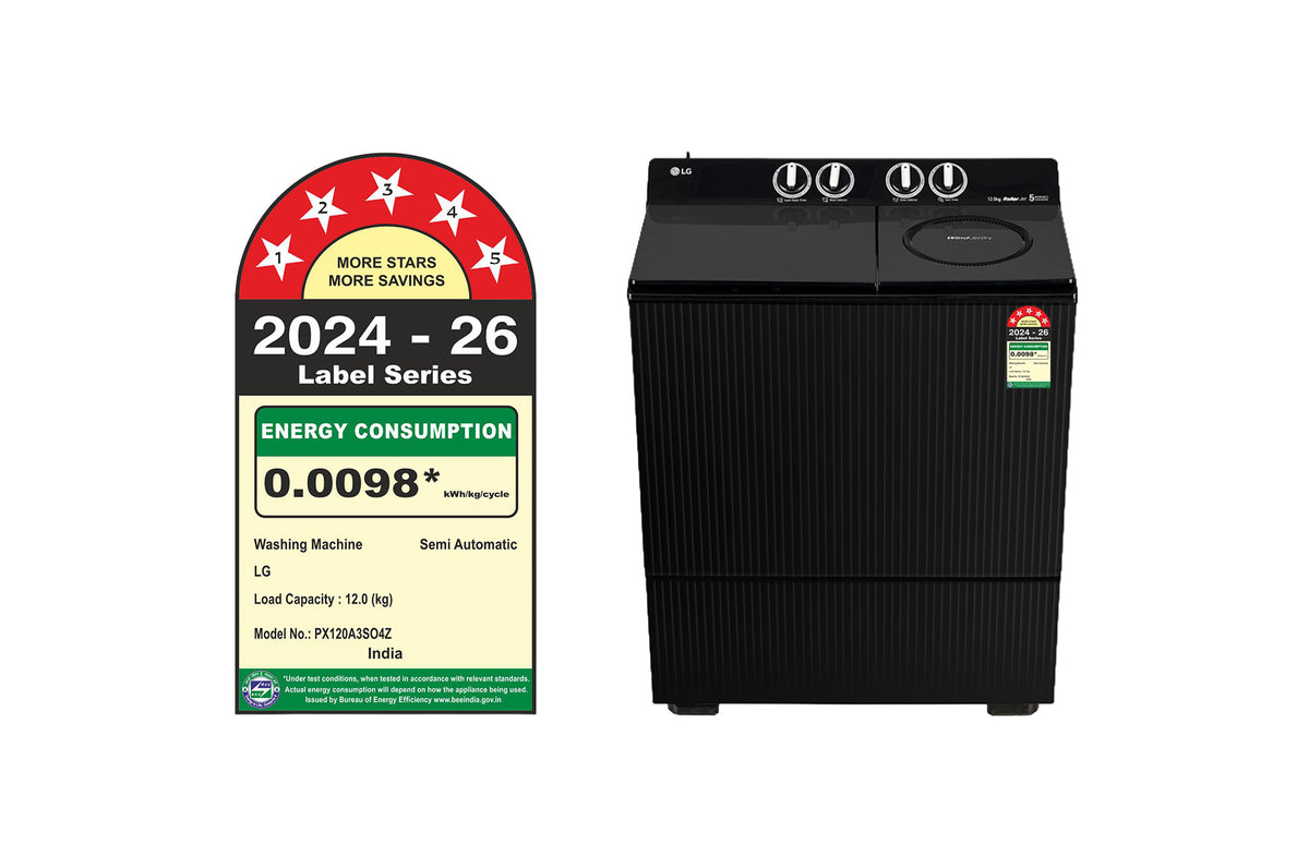 LG 12 Kg Semi-Automatic Top Load Washing Machine | Roller Jet Pulsator, Wind Jet Dry, 5 Star, Onyx Black | PX120A3SO4Z