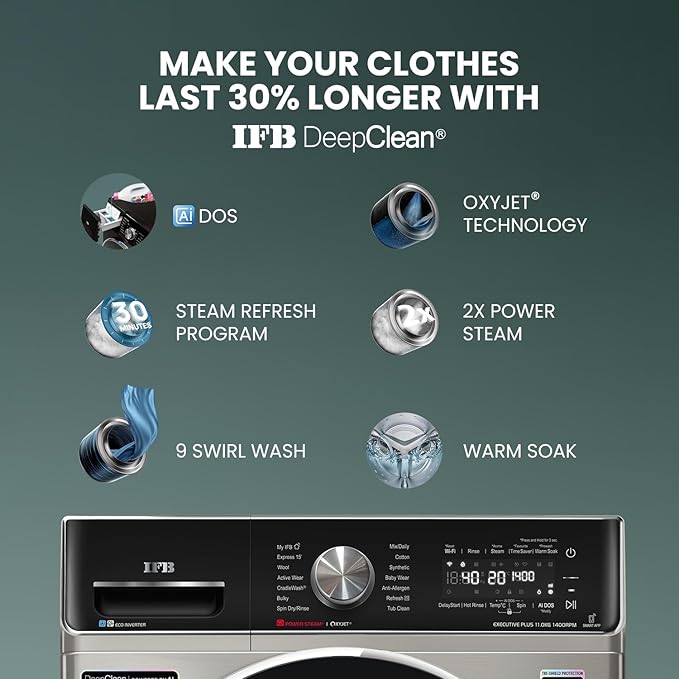 IFB 11 Kg 5-Star Fully Automatic Front Load Washing Machine | DeepClean®, AI DOS, WiFi, PowerSteam®, Oxyjet, Steam Refresh (EXECUTIVE PLUS VSG 1114)