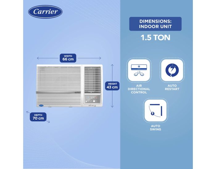 Carrier 1.5Ton 3 Star Window Inverter AC( Copper, Dust Filter, Estrella Exi White)