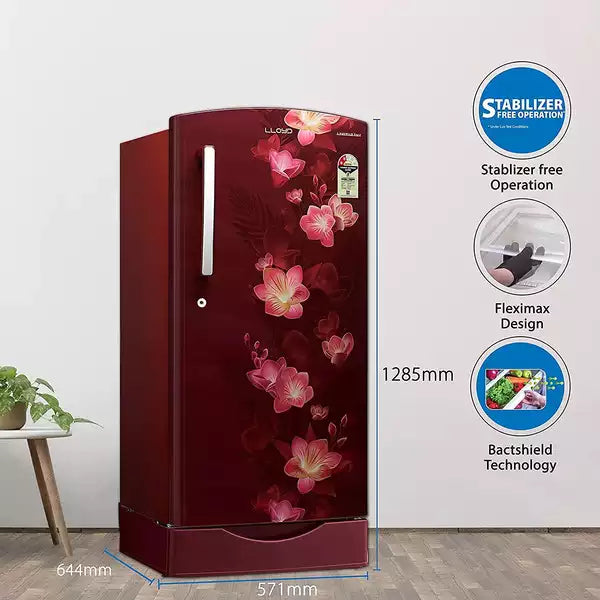 Lloyd Havells 188 L 1 Star Direct-Cool Single Door Refrigerator (2024 Model, GLDC201GIWT2JC,Floret WINE)