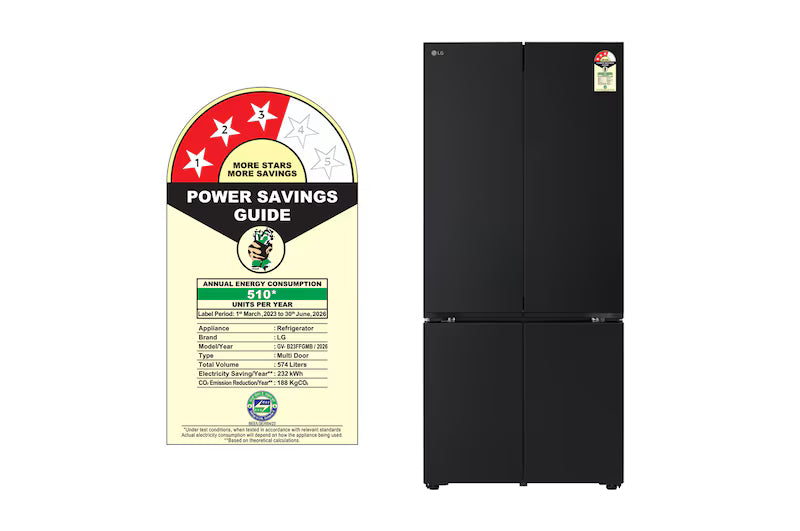 LG 574L French Door Refrigerator Wi-Fi Convertible Smart Inverter Fresh Converter+ Door Cooling+ Black Glass 3 Star