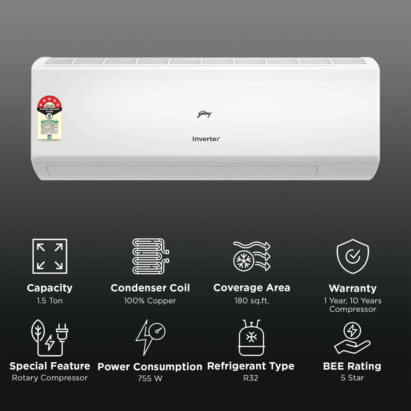 Godrej 1.5 Ton 5 Star Inverter Split AC (SIC 18ITC5 WZR) | Convertible Cooling | I-Sense Technology | Copper Condenser | Energy Efficient