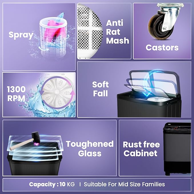 Haier 9 kg 5 Star (HTW90-178FL,Black)Toughened Glass & Vortex pulsator Semi Automatic Top Load