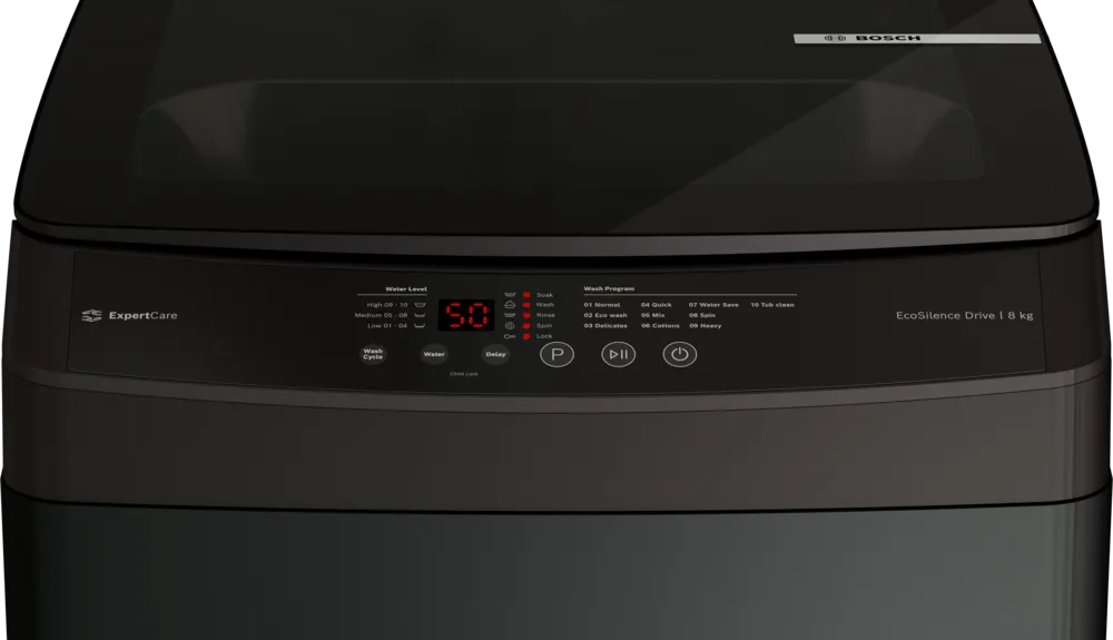 Bosch WOE80AG0IN 8 Kg Fully Automatic Top Load Washing Machine | PowerWave Wash, 5 Star, Black & Grey