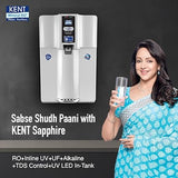 KENT Sapphire RO Water Purifier|RO+UF+Inline UV+Alkaline+TDS Control+UV LED in Tank | Fully Automatic On & OFF Operation|.0001 Micron RO Membrane|20 LPH| 8L| Ideal For Borewell/Tanker/Municipal Water
