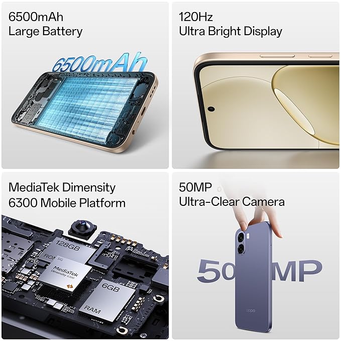 Oppo A6s 5G 4GB/128GB | Dimensity 6300, 6000mAh Battery, IP65 Rated, 120Hz Display, Purple