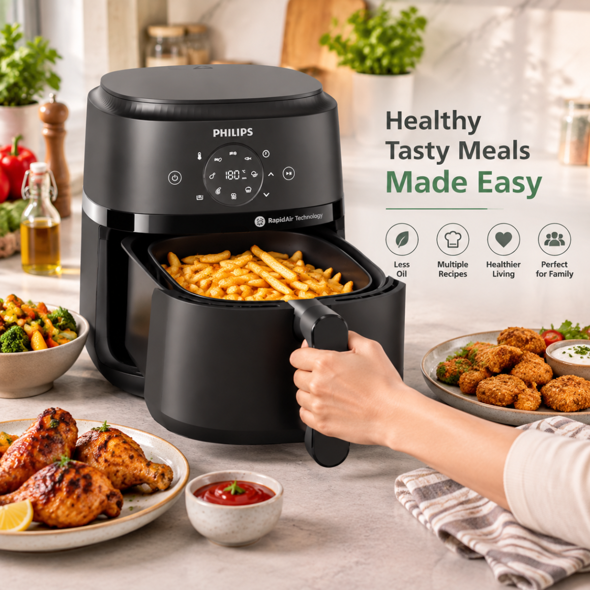 Philips NA239/01 1700W Air Fryer: Rapid Air Technology, Adjustable Temperature, Built-In Timer