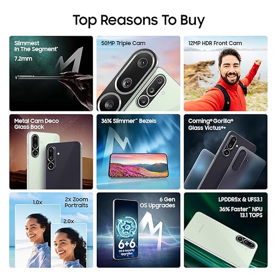 Samsung Galaxy M56 5G (Light Green, 8GB RAM, 128GB Storage) | Segment’s Slimmest | 50MP Camera | Gorilla Glass Victus+ | 10-Bit HDR Video | AI Features | Vapour Cooling | Without Charger