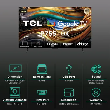 TCL 109.22 cm (43 Inch) Ultra HD (4K) Google TV, 43P755, Black