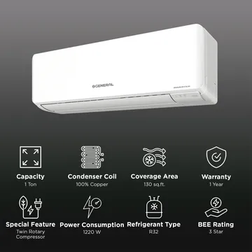 O General 1 Ton 2 Star Inverter Split AC (ASGG12CPAB-B-IND, Copper Condenser, White)