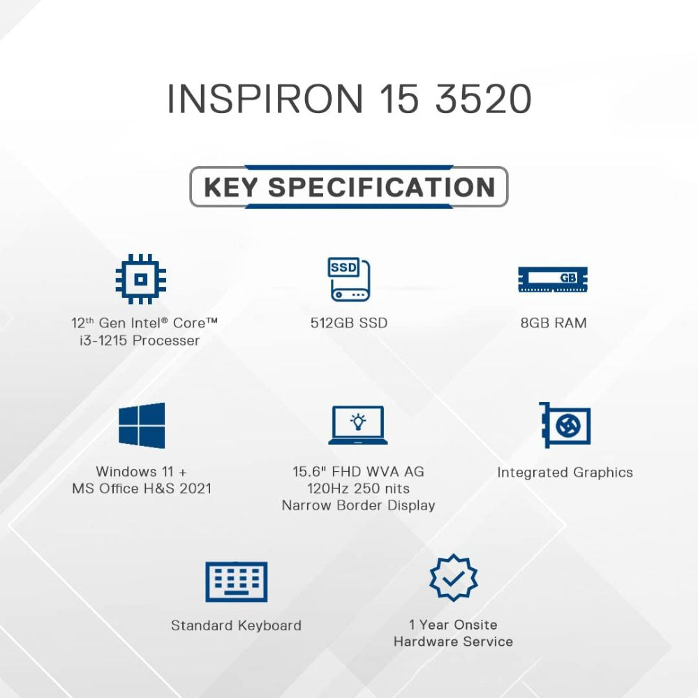 Dell Inspiron 15 Thin and Light Laptop (12th Gen Intel i3 / 8 GB 512 GB SSD/ 15.6 "(39.62cm)/ Intel Graphics/ Win11/ MSOffice) 3520 D560896WIN9B