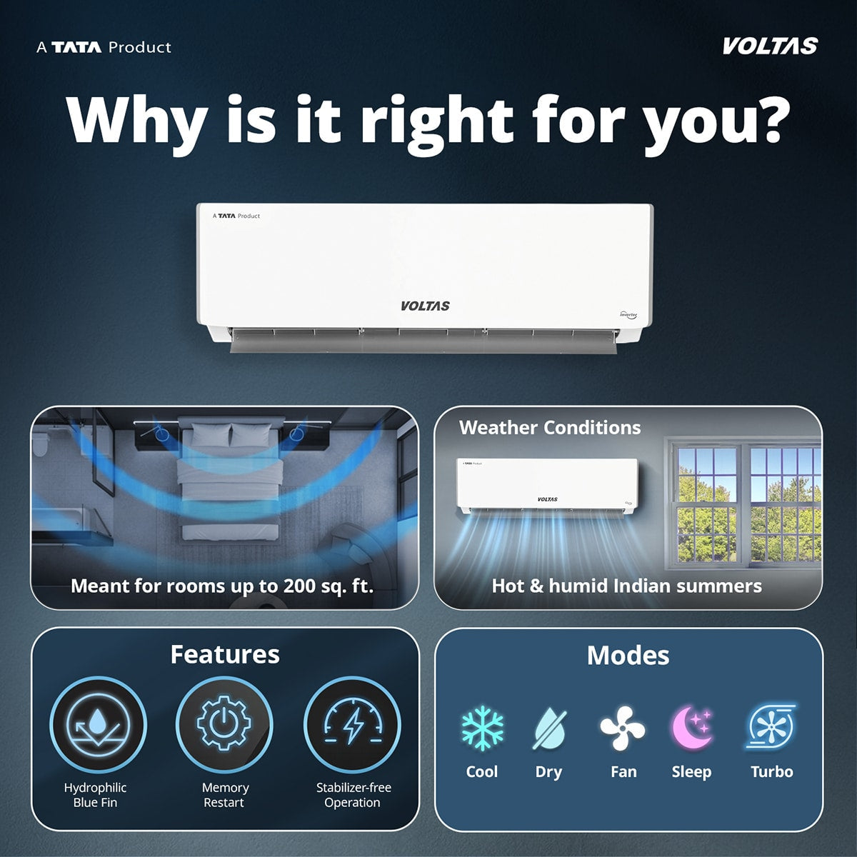Voltas 2 Ton 5 Star Adjustable Inverter Split AC | 245INV Vectra Plush | Stabilizer-Free, 100% Copper