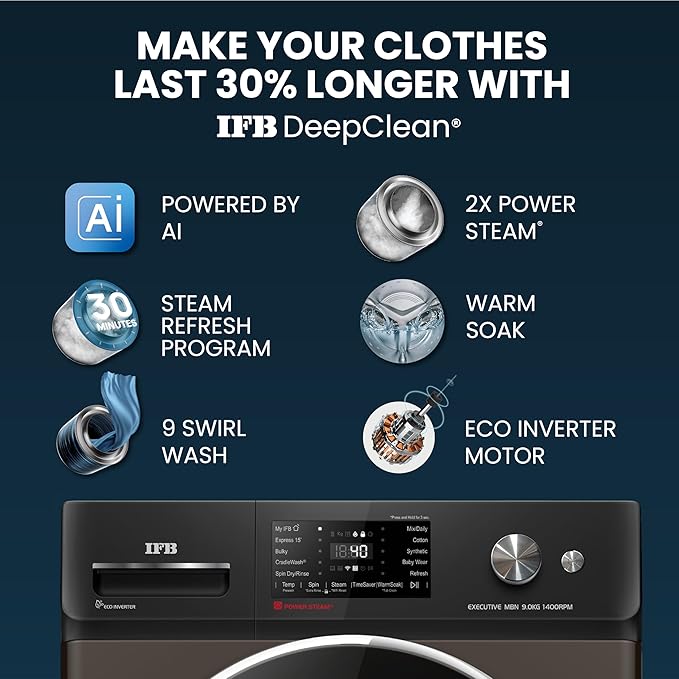 IFB 9Kg 5 Star with Deep Clean Technology, AI Powered, Fully Automatic Front Load Washing Machine (Executive MBN 9014K, Steam Refresh Program, Eco Inverter, Wi-Fi, Mocha)