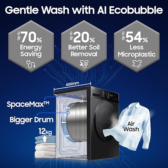 Samsung 12 kg (Wash) / 7 kg (Dry), 5 Star, AI EcoBubble, AI Energy Mode, Air Wash, Super Speed, Hygiene Steam, Wi-Fi, Digital Inverter, Fully-Automatic Front Load Washer Dryer (WD12FG5B34BBTL, Black)