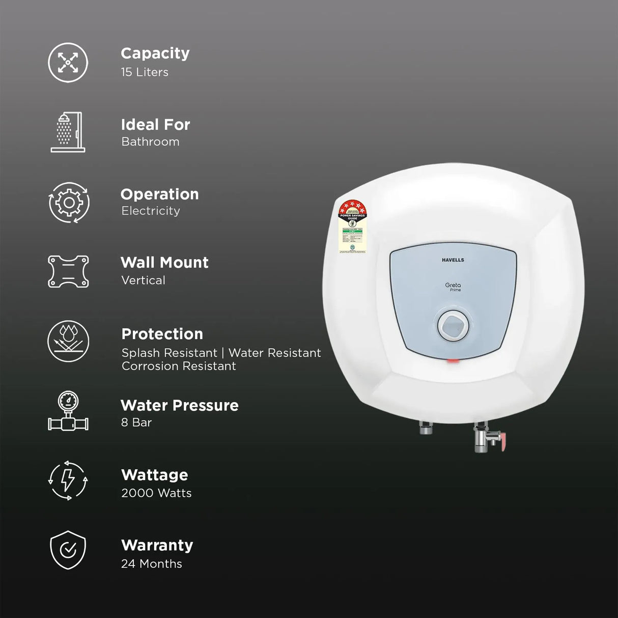 HAVELLS Greta Prime 15 Litre 5 Star Vertical Storage Geyser with Whirlflow Technology (White & Blue)