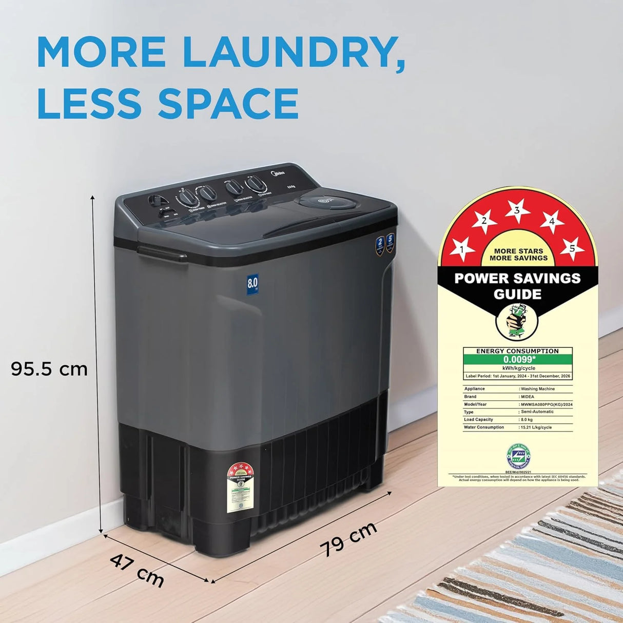 Midea 8 Kg 5 Star Semi Automatic Top-Load Washing Machine Black Grey (MWMSA085GPG )(KG), Rat Away Feature, Air Jet Dry IPX4 Protection)