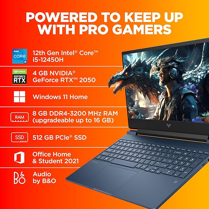 HP Victus Gaming Laptop,12th Gen Intel Core i5-12450H,4GB RTX 2050 GPU,15.6-inch (39.6 cm), FHD,IPS,8GB DDR4, 512GB SSD, Backlit KB,Dual Speakers(MSO, Blue,2.37 kg) FA1312tx