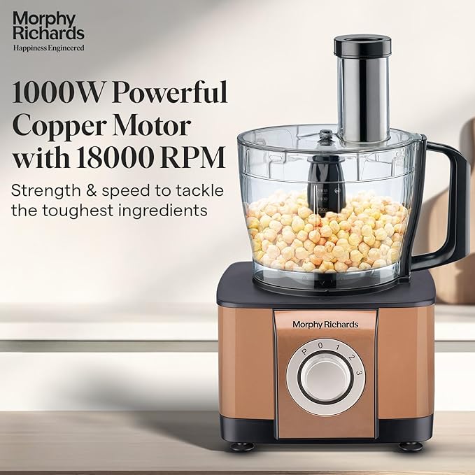Morphy Richards Icon Superb 1000W Food Processor: 11 Attachments, 3.2L Bowl (Glazing Copper)
