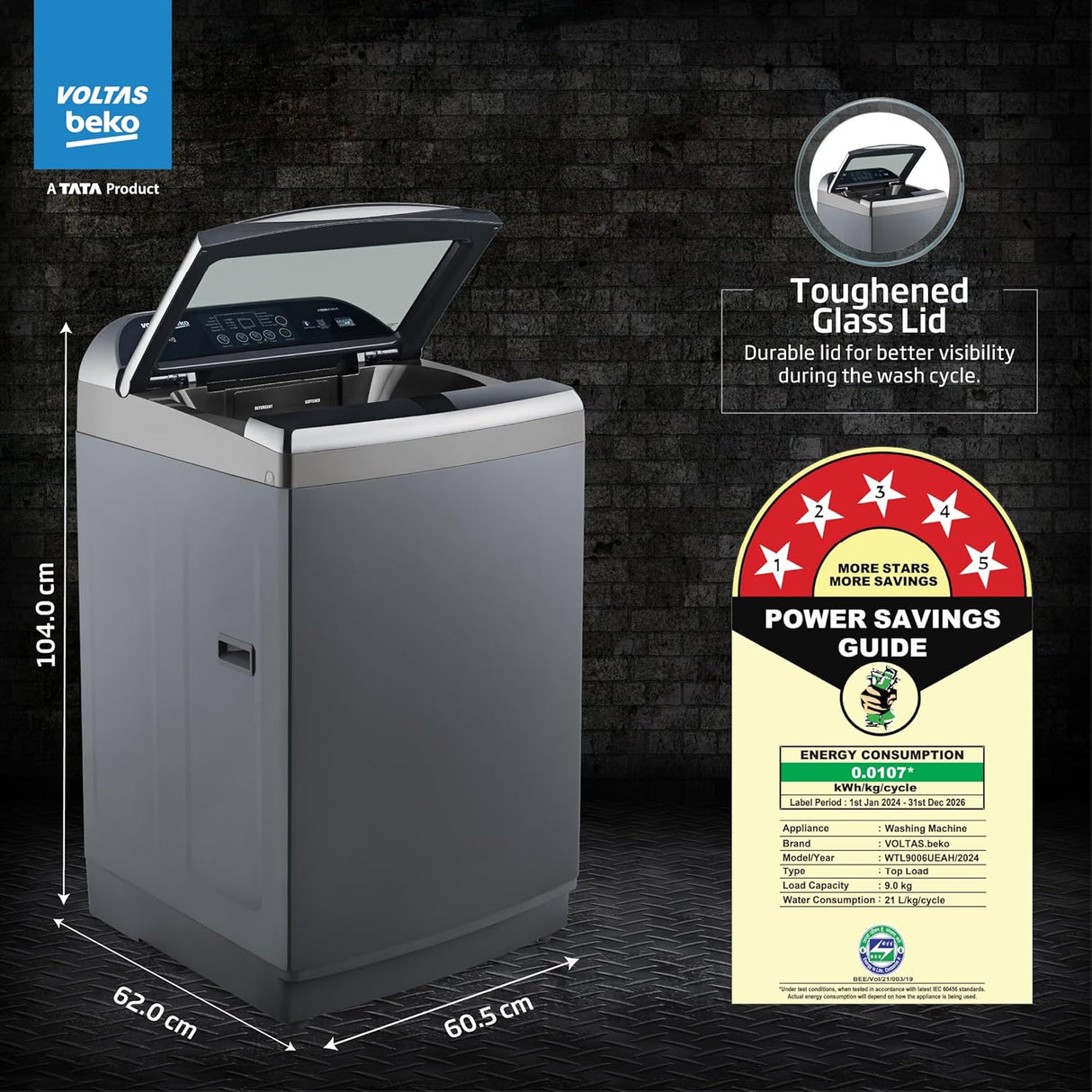 Voltas Beko 9 kg Top Load Washing Machine | WTL9006UEAH/DPB0HD | Double Waterfall Technology