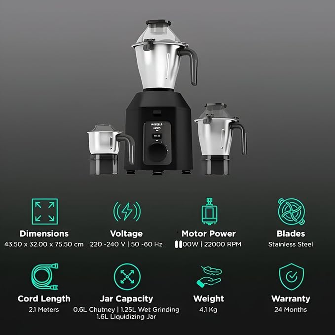 Havells Hexo Plus1100 Watt 3 Jar Mixer Grinder I 2.5 Kg Double Ball Bearing Copper Motor I 22000 RPM I 100 Minute Run Time I Metal Teeth Coupler and Jar Base I Black